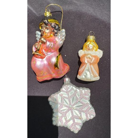 Vintage Blown Glass Angel & Snowflake Ornaments Gold Lot Of 3 -OR3 - Picture 1 of 8